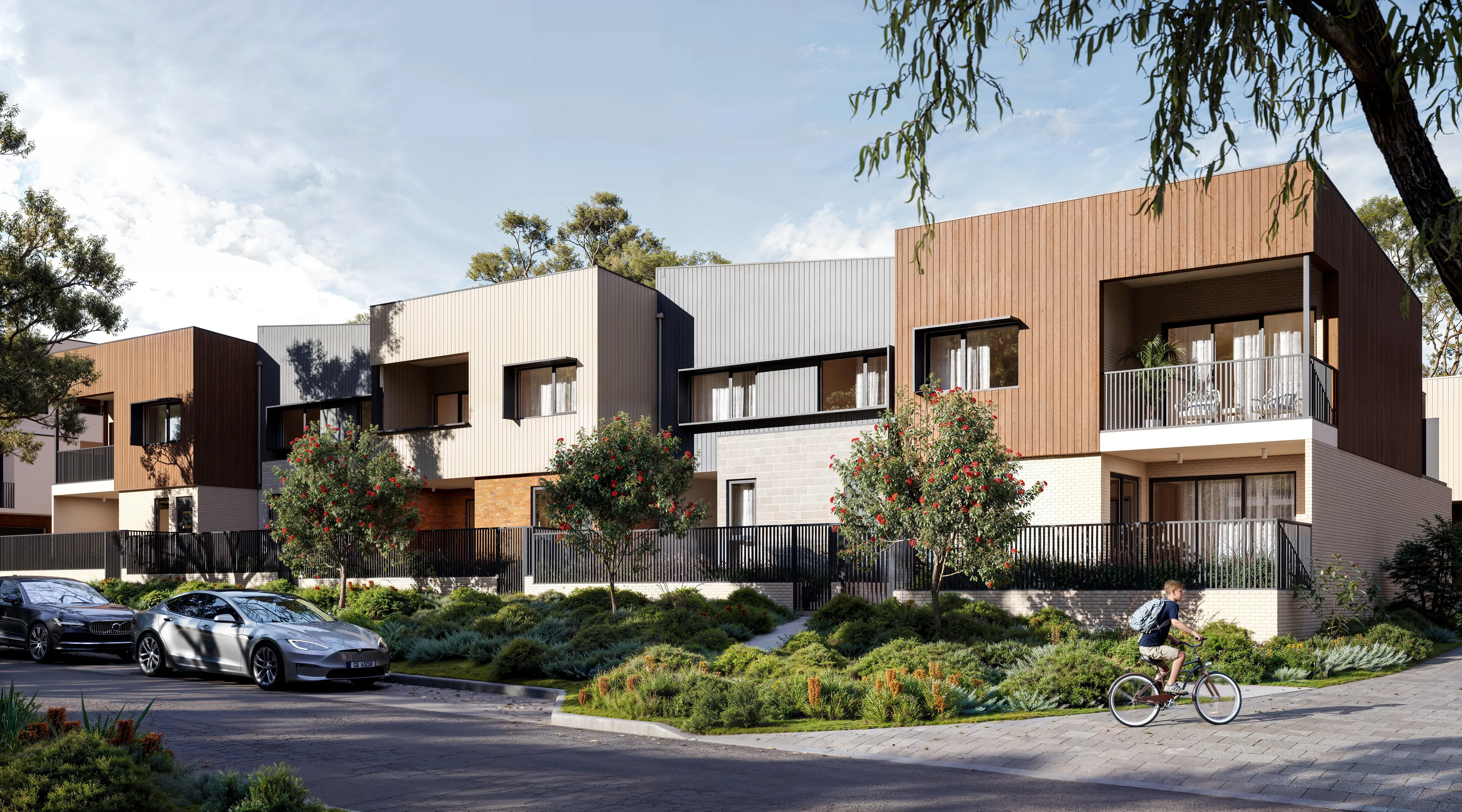 Render showing the Monument East townhouse development from a birds-eye view